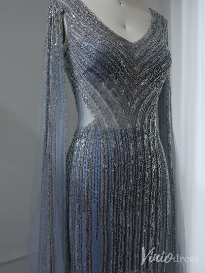 Grey Beaded Extra Long Sleeve Prom Dresses Sheer V-Neck Pageant Dress 20238-Evening Dresses 2025 -Viniodress-Grey-US 2-