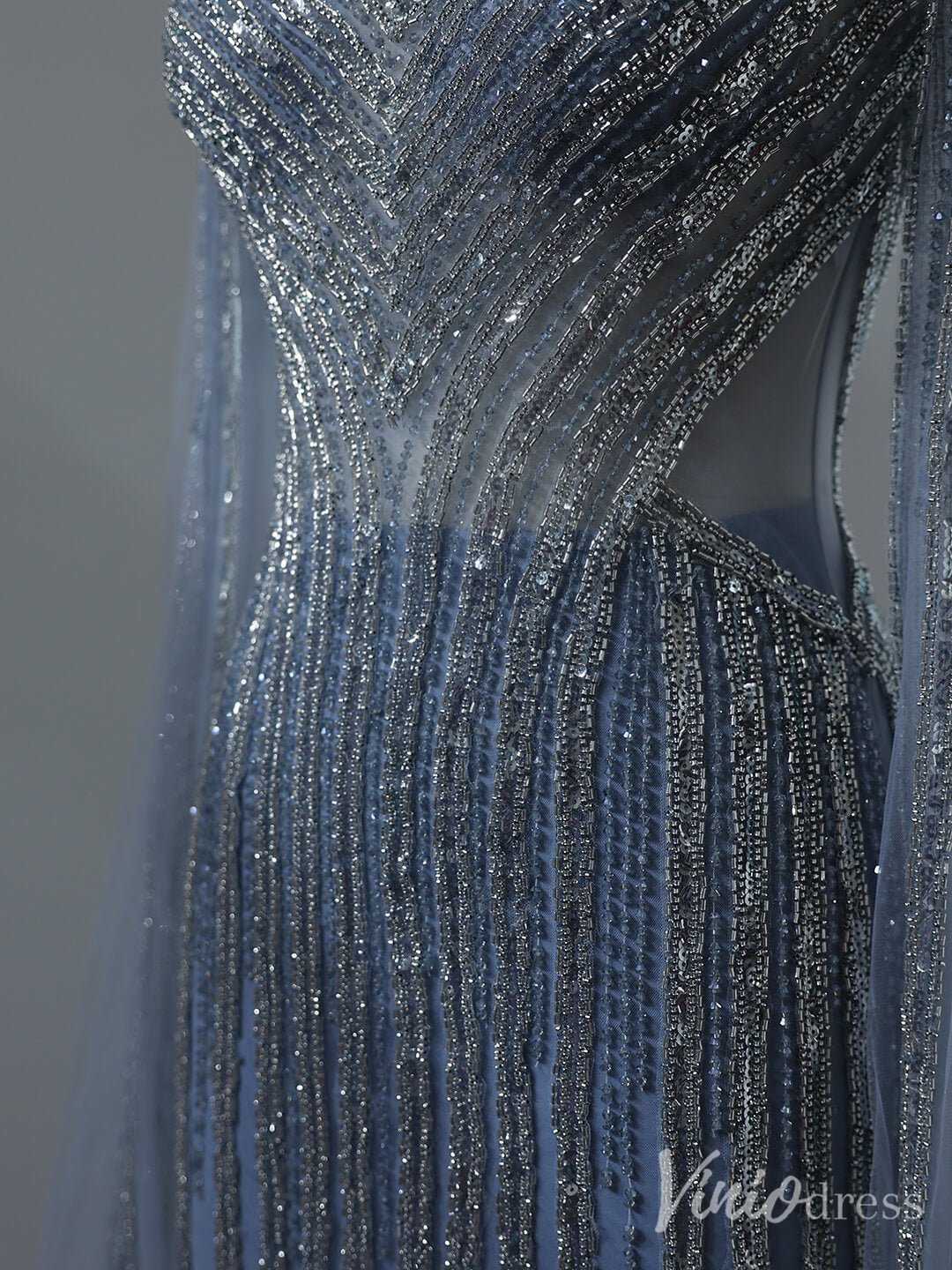 Grey Beaded Extra Long Sleeve Prom Dresses Sheer V-Neck Pageant Dress 20238-Evening Dresses 2025 -Viniodress-Grey-US 2-