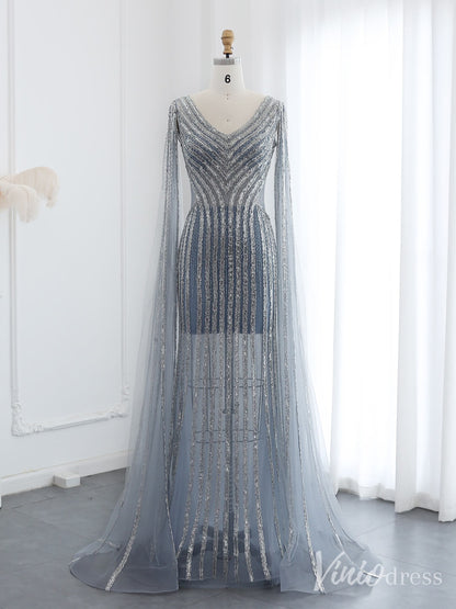 Grey Beaded Extra Long Sleeve Prom Dresses Sheer V-Neck Pageant Dress 20238-Evening Dresses 2025 -Viniodress-Grey-US 2-