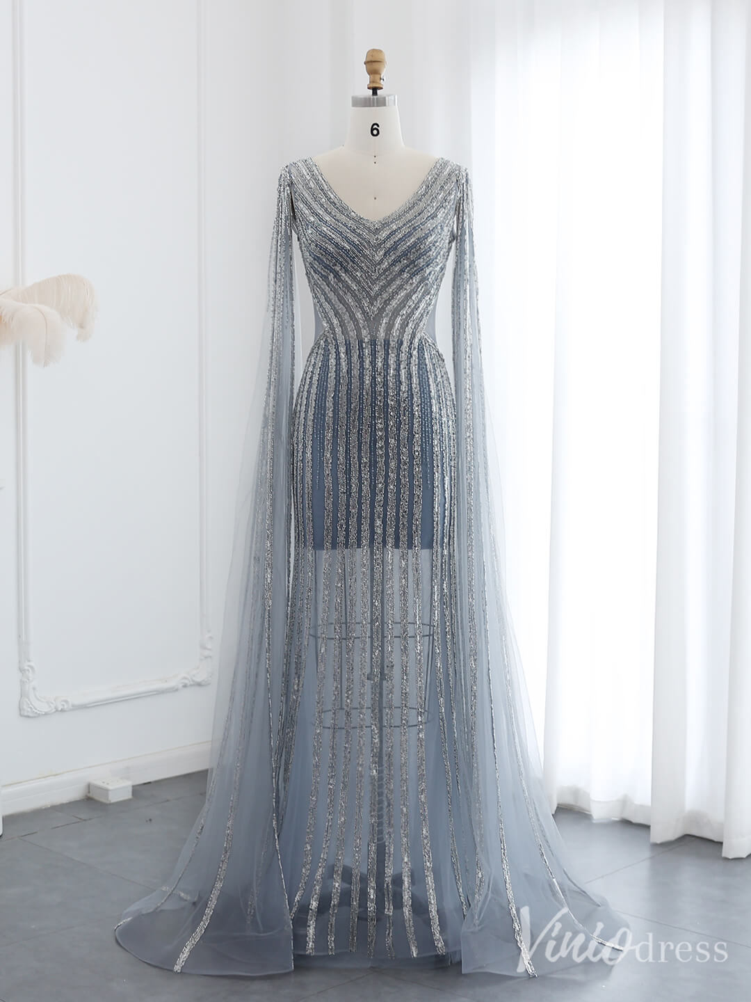 Grey Beaded Extra Long Sleeve Prom Dresses Sheer V-Neck Pageant Dress 20238-prom dresses-Viniodress-Viniodress