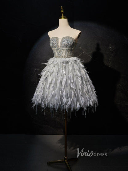 Grey Beaded Feather Homecoming Dresses Sheer Bodice Short Formal Dress BJ021-prom dresses 2025 -Viniodress-Grey-Custom Size-