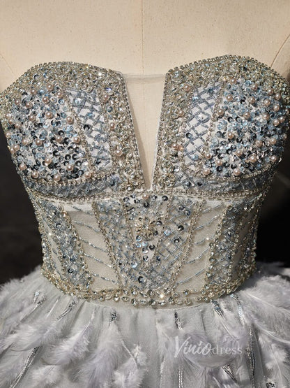 Grey Beaded Feather Homecoming Dresses Sheer Bodice Short Formal Dress BJ021-prom dresses 2025 -Viniodress-Grey-Custom Size-