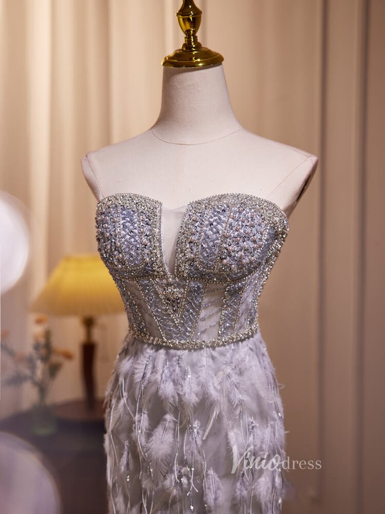 Grey Beaded Feather Mermaid Prom Dresses Corset Back Evening Dress BJ014-Evening Dresses 2025 -Viniodress-Grey-Custom Size-