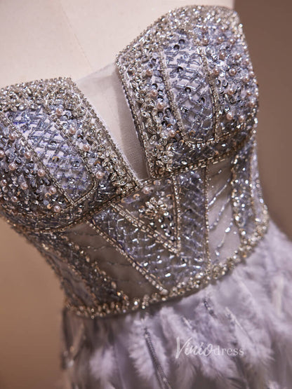 Grey Beaded Feather Mermaid Prom Dresses Corset Back Evening Dress BJ014-Evening Dresses 2025 -Viniodress-Grey-Custom Size-