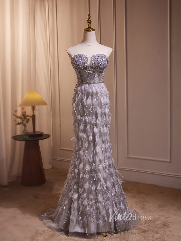 Grey Beaded Feather Mermaid Prom Dresses Corset Back Evening Dress BJ014-Evening Dresses 2025 -Viniodress-Grey-Custom Size-