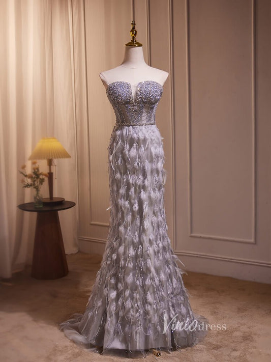 Grey Beaded Feather Mermaid Prom Dresses Corset Back Evening Dress BJ014-Evening Dresses 2025 -Viniodress-Grey-Custom Size-
