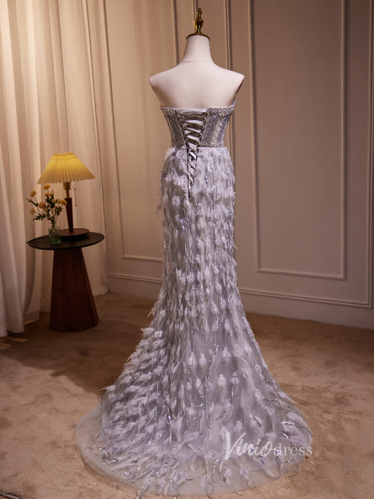 Grey Beaded Feather Mermaid Prom Dresses Corset Back Evening Dress BJ014-prom dresses-Viniodress-Viniodress
