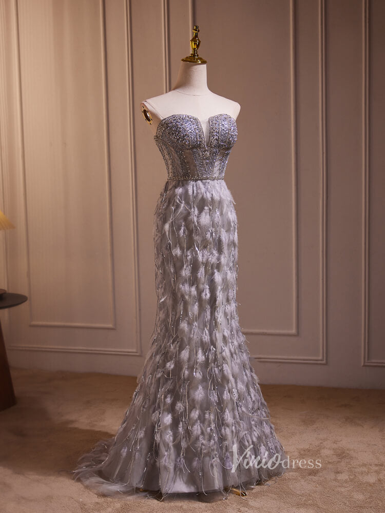 Grey Beaded Feather Mermaid Prom Dresses Corset Back Evening Dress BJ014-prom dresses-Viniodress-Viniodress