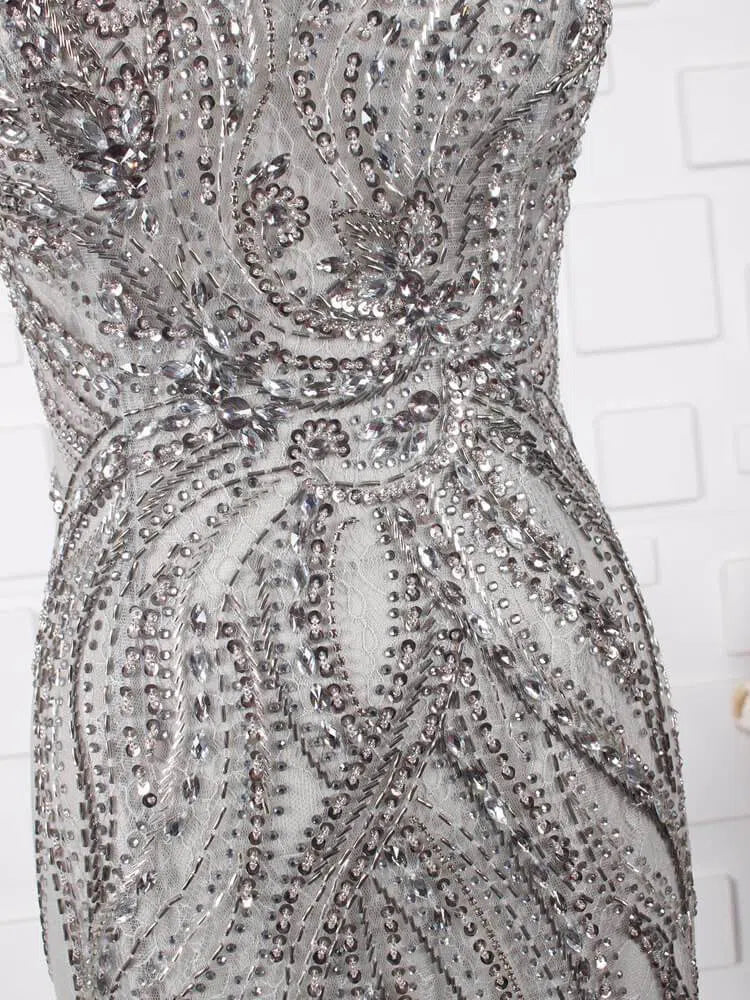 Grey Beaded Formal Evenining Dress Sheath Prom Dress FD1424-prom dresses-Viniodress-Viniodress