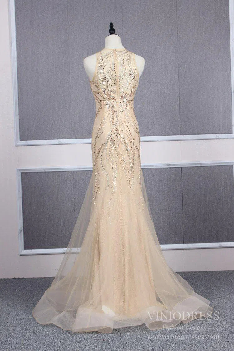 Grey Beaded Formal Evenining Dress Sheath Prom Dress FD1424-prom dresses-Viniodress-Viniodress