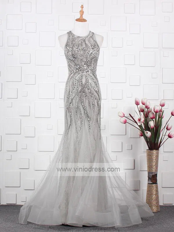 Grey Beaded Formal Evenining Dress Sheath Prom Dress FD1424-prom dresses-Viniodress-Viniodress