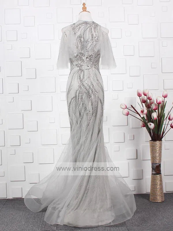 Grey Beaded Formal Evenining Dress Sheath Prom Dress FD1424-prom dresses-Viniodress-Viniodress