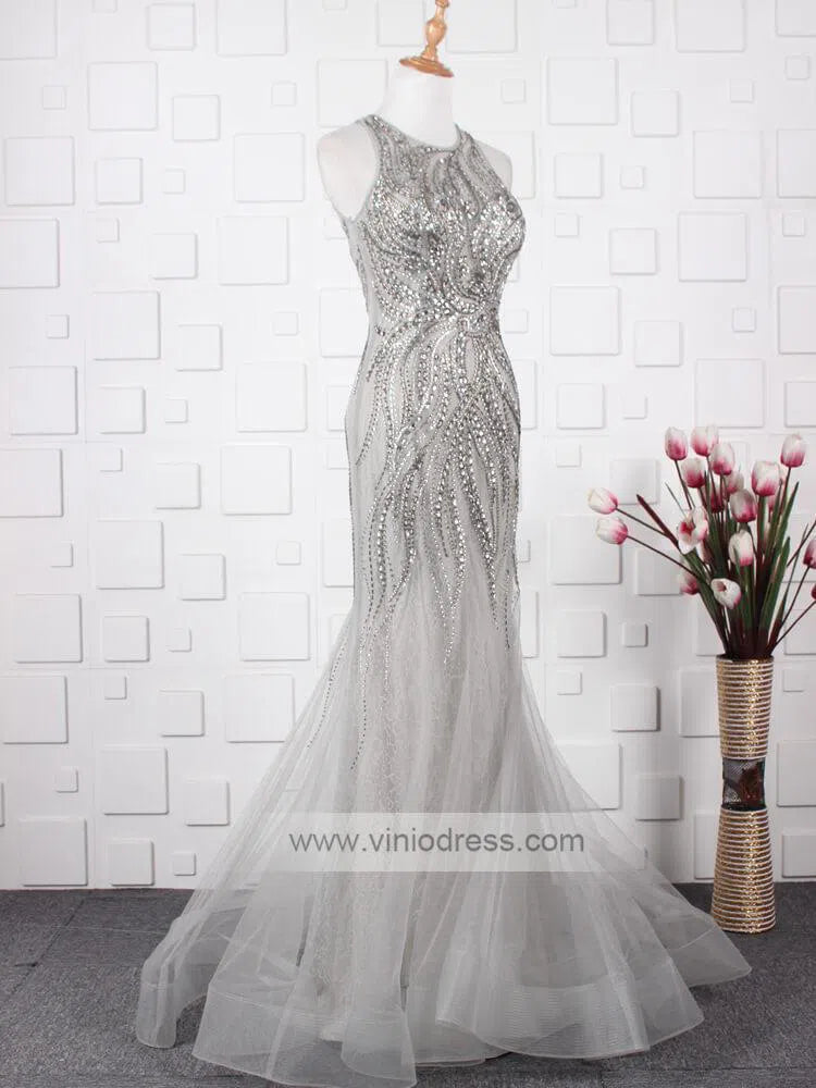 Grey Beaded Formal Evenining Dress Sheath Prom Dress FD1424-prom dresses-Viniodress-Viniodress