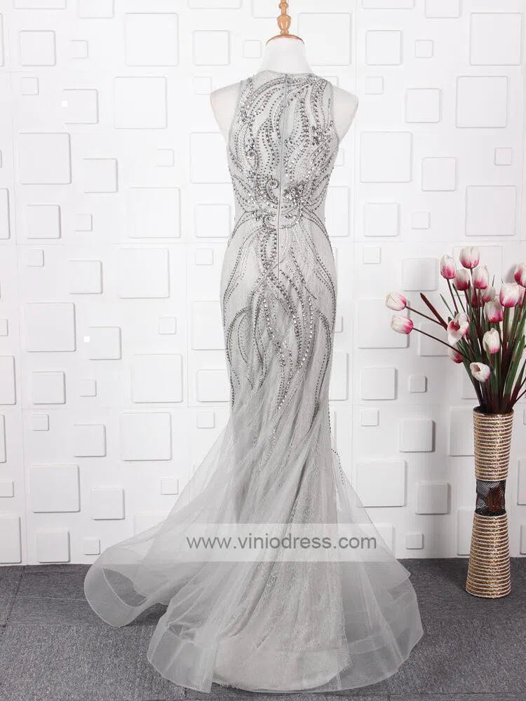 Grey Beaded Formal Evenining Dress Sheath Prom Dress FD1424-prom dresses-Viniodress-Viniodress