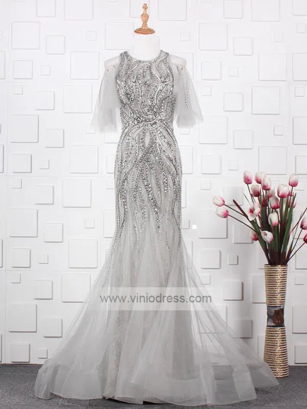 Grey Beaded Formal Evenining Dress Sheath Prom Dress FD1424-prom dresses-Viniodress-Grey-US 2-Viniodress