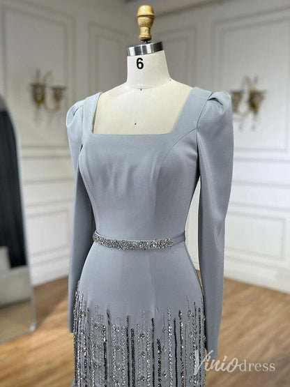 Grey Beaded Long Sleeve Prom Dresses Tiered Square Neck Maxi Dress Mother of the Bride Dress AD1233-Evening Dresses 2025 -Viniodress-Grey-US 2-