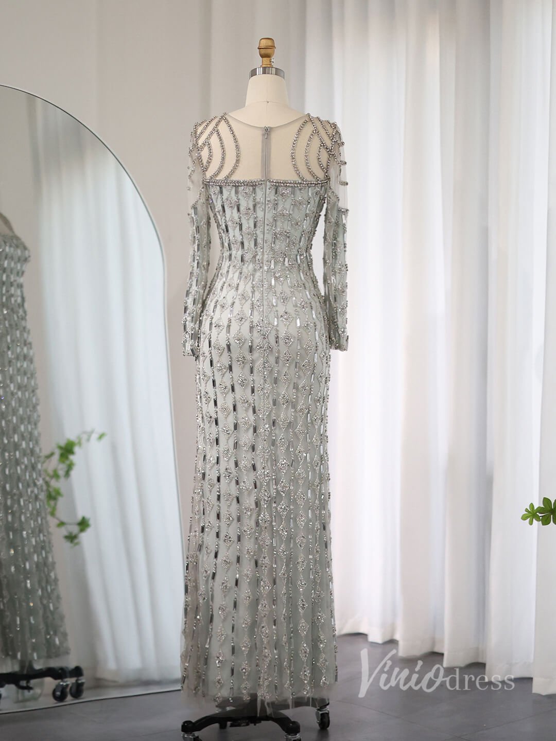 Grey Beaded Mermaid Prom Dresses Long Sleeve Boat Neck Pageant Dress AD1191-Evening Dresses 2025 -Viniodress-Grey-US 2-