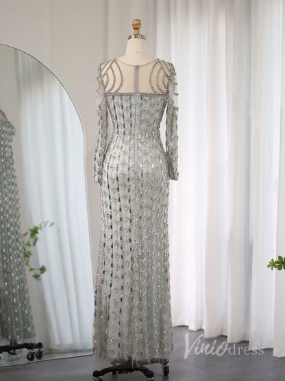 Grey Beaded Mermaid Prom Dresses Long Sleeve Boat Neck Pageant Dress AD1191-Evening Dresses 2025 -Viniodress-Grey-US 2-