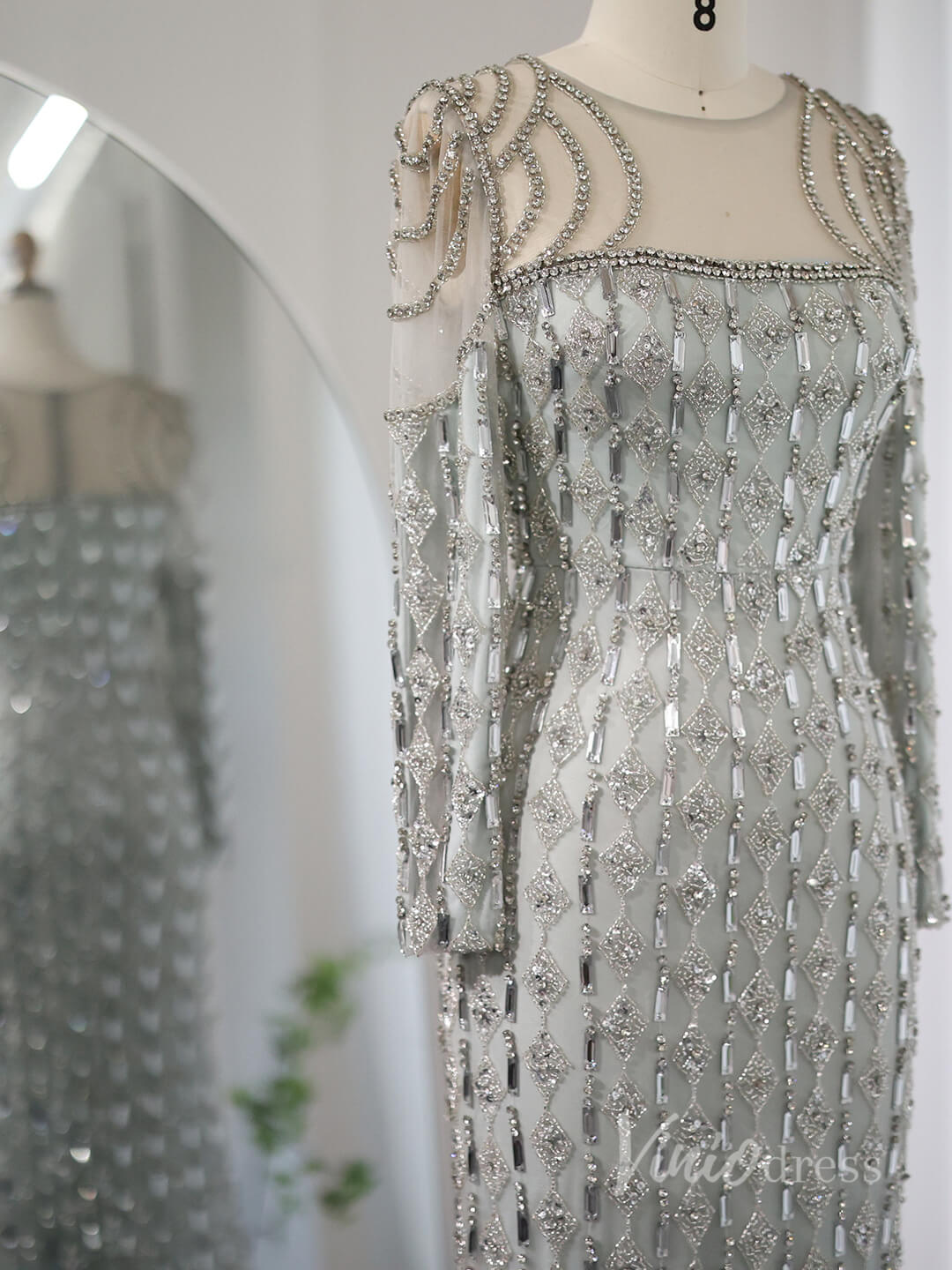 Grey Beaded Mermaid Prom Dresses Long Sleeve Boat Neck Pageant Dress AD1191-Evening Dresses 2025 -Viniodress-Grey-US 2-