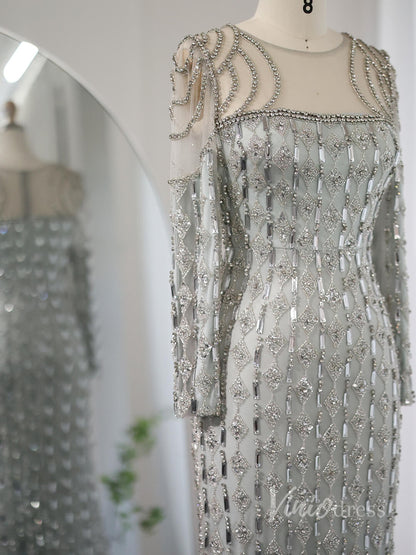 Grey Beaded Mermaid Prom Dresses Long Sleeve Boat Neck Pageant Dress AD1191-Evening Dresses 2025 -Viniodress-Grey-US 2-