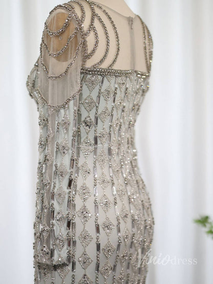 Grey Beaded Mermaid Prom Dresses Long Sleeve Boat Neck Pageant Dress AD1191-Evening Dresses 2025 -Viniodress-Grey-US 2-