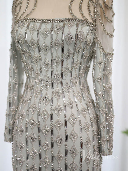 Grey Beaded Mermaid Prom Dresses Long Sleeve Boat Neck Pageant Dress AD1191-Evening Dresses 2025 -Viniodress-Grey-US 2-