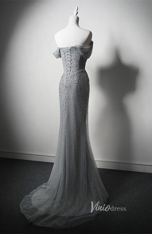 Grey Beaded Mermaid Prom Dresses Off the Shoulder Evening Dress AD1203-prom dresses 2025 -Viniodress-Grey-Custom Size-