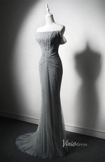 Grey Beaded Mermaid Prom Dresses Off the Shoulder Evening Dress AD1203-prom dresses 2025 -Viniodress-Grey-Custom Size-