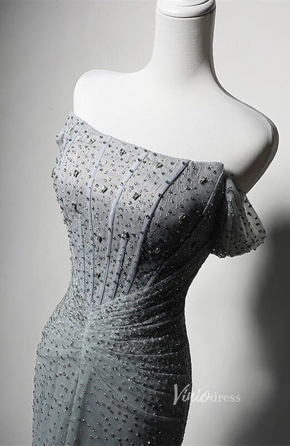 Grey Beaded Mermaid Prom Dresses Off the Shoulder Evening Dress AD1203-prom dresses 2025 -Viniodress-Grey-Custom Size-