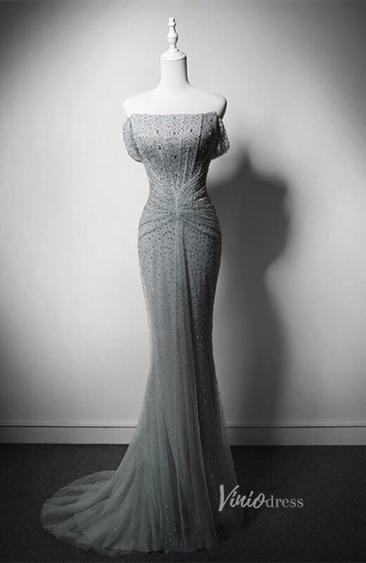 Grey Beaded Mermaid Prom Dresses Off the Shoulder Evening Dress AD1203-prom dresses 2025 -Viniodress-Grey-Custom Size-