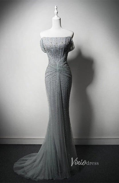 Grey Beaded Mermaid Prom Dresses Off the Shoulder Evening Dress AD1203-prom dresses 2025 -Viniodress-Grey-Custom Size-