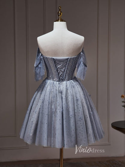 Grey Beaded Off the Shoulder Homecoming Dresses Boned Bodice Party Dress BJ029-prom dresses 2025 -Viniodress-Grey-Custom Size-