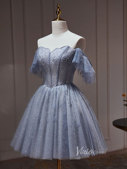 Grey Beaded Off the Shoulder Homecoming Dresses Boned Bodice Party Dress BJ029-prom dresses 2025 -Viniodress-Grey-Custom Size-