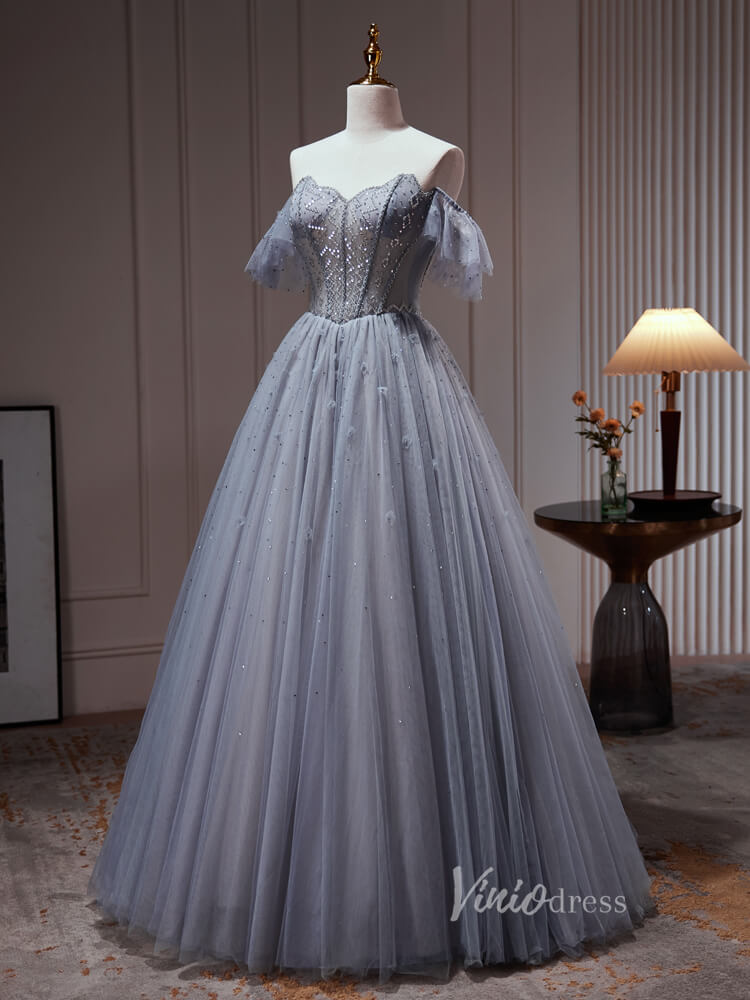 Grey Beaded Off the Shoulder Prom Dresses Sheer Boned Bodice Corset Back BJ029L-prom dresses 2025 -Viniodress-Grey-Custom Size-