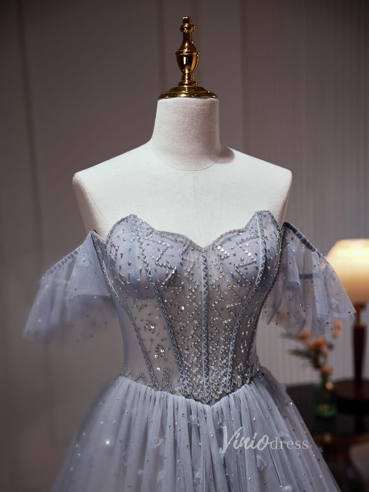Grey Beaded Off the Shoulder Prom Dresses Sheer Boned Bodice Corset Back BJ029L-prom dresses 2025 -Viniodress-Grey-Custom Size-