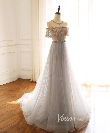 Grey Beaded Prom Dresses Short Sleeve Boat Neck Evening Dress FD3160-prom dresses 2025 -Viniodress-Grey-Custom Size-