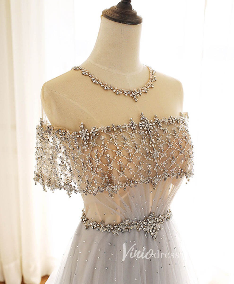 Grey Beaded Prom Dresses Short Sleeve Boat Neck Evening Dress FD3160-prom dresses 2025 -Viniodress-Grey-Custom Size-