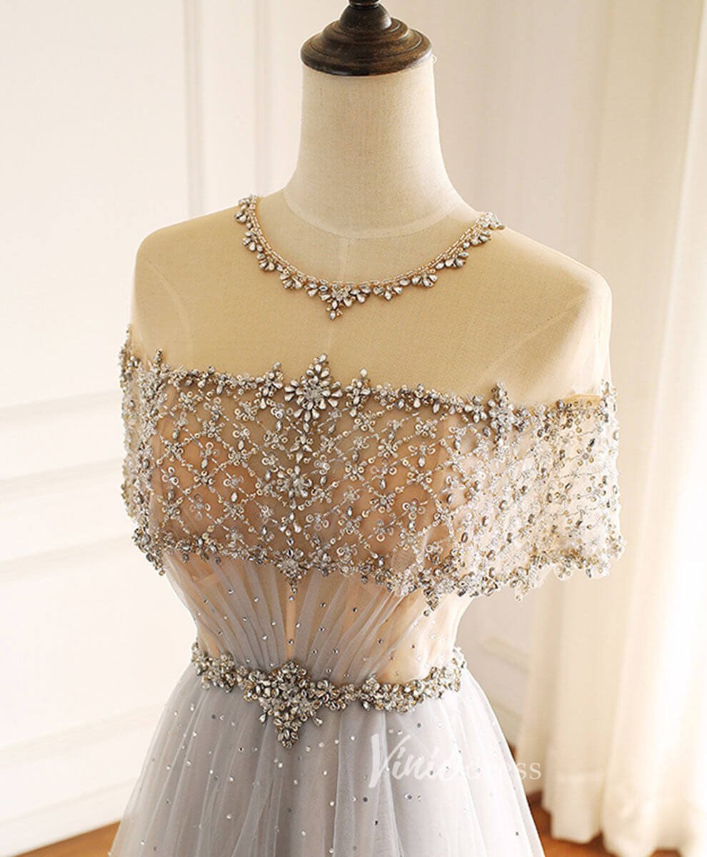 Grey Beaded Prom Dresses Short Sleeve Boat Neck Evening Dress FD3160-prom dresses 2025 -Viniodress-Grey-Custom Size-