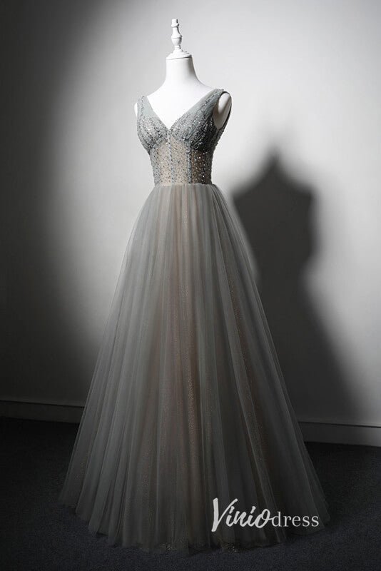 Grey Beaded Prom Dresses V-Neck Evening Dress AD1012-prom dresses 2025 -Viniodress-Grey-Custom Size-