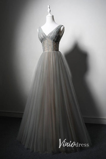Grey Beaded Prom Dresses V-Neck Evening Dress AD1012-prom dresses 2025 -Viniodress-Grey-Custom Size-