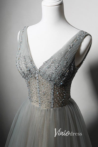 Grey Beaded Prom Dresses V-Neck Evening Dress AD1012-prom dresses 2025 -Viniodress-Grey-Custom Size-