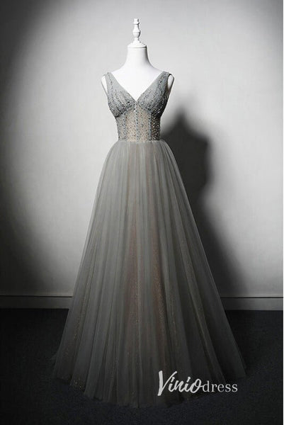 strapless open back dress Plus Size Grey Glitter Tulle Beaded Lace A-Line Formal Gown main image 0