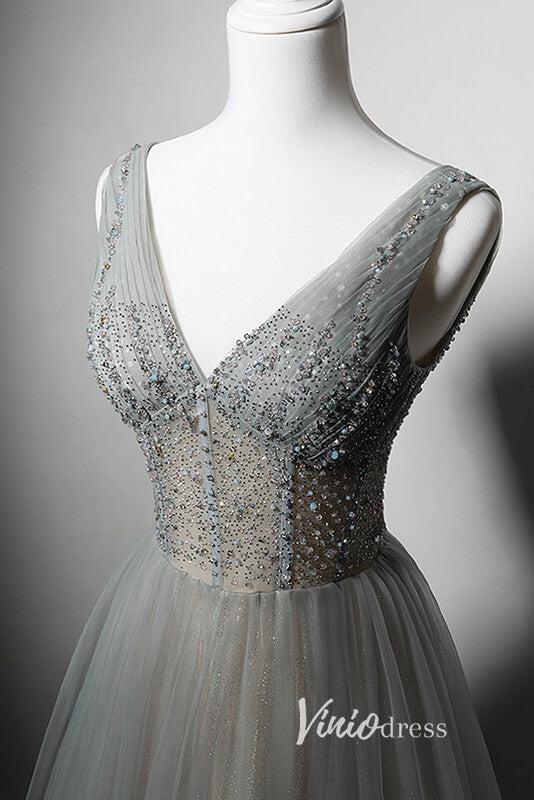 Grey Beaded Prom Dresses V-Neck Evening Dress AD1012-prom dresses-Viniodress-Viniodress