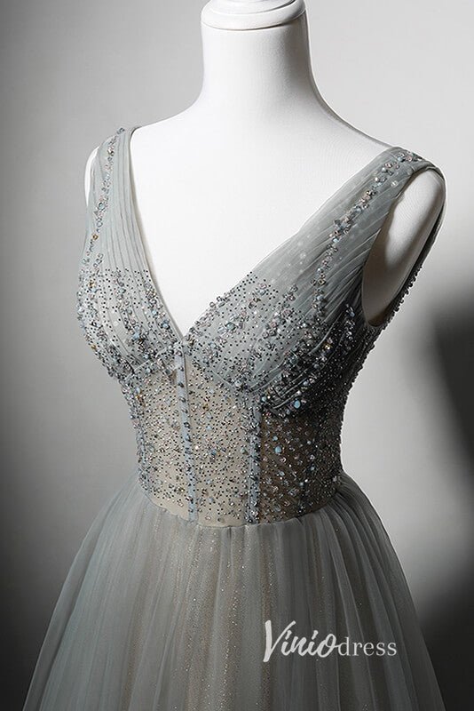 Grey Beaded Prom Dresses V - Neck Evening Dress AD1012 - Viniodressprom dressesGreyCustom Size - Formal Dresses - Ball Gowns