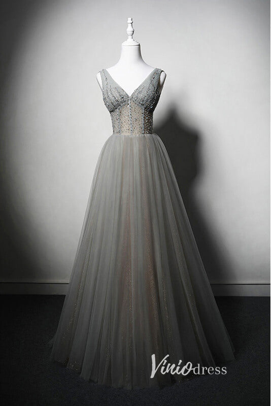 Grey Beaded Prom Dresses V-Neck Evening Dress AD1012-prom dresses-Viniodress-Grey-Custom Size-Viniodress