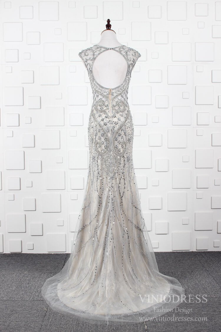 Grey Beaded Prom Dresses V-neck Sheath 20s Party Dress FD2490-Evening Dresses 2025 -Viniodress-Grey-US 2-