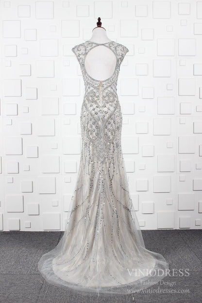 Grey Beaded Prom Dresses V-neck Sheath 20s Party Dress FD2490-Evening Dresses 2025 -Viniodress-Grey-US 2-