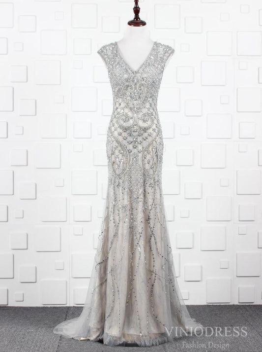 Prom Dress 2025 Grey Beaded Prom Dresses V-neck Sheath 20s Party Dress FD2490-unique prom dresses-Grey-US 2-Viniodress