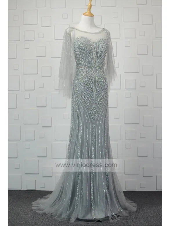 Grey Beaded Prom Dresses with Sleeves FD1432-prom dresses-Viniodress-Viniodress