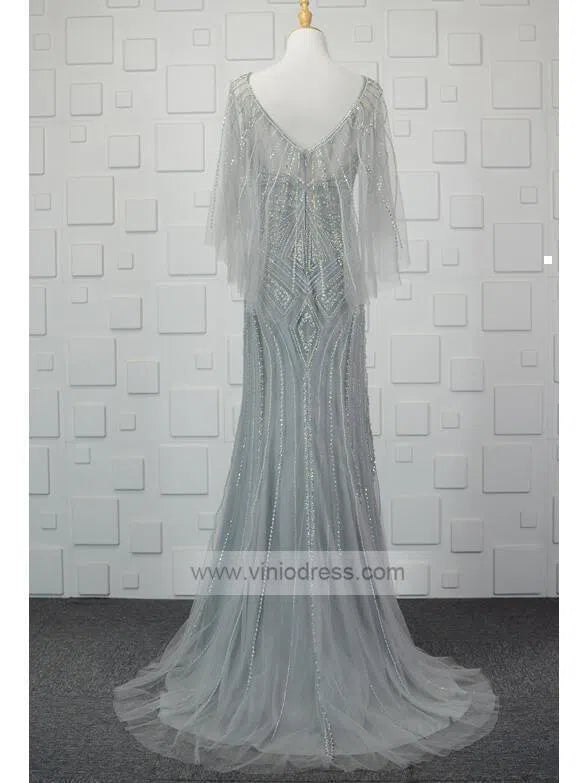 Grey Beaded Prom Dresses with Sleeves FD1432-prom dresses-Viniodress-Viniodress